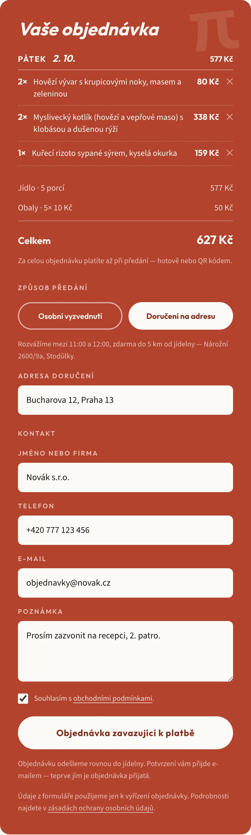 Vyplněný objednávkový formulář rozvozu se třemi jídly, součtem a doručením na adresu