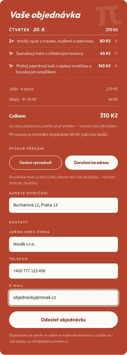 Vyplněný objednávkový formulář rozvozu se třemi jídly a součtem